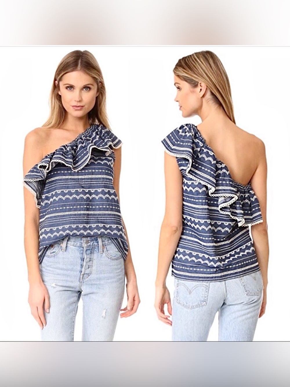 Parker Maple One-Shoulder Embroidered Top In Chambray And White Women’s Sz Small